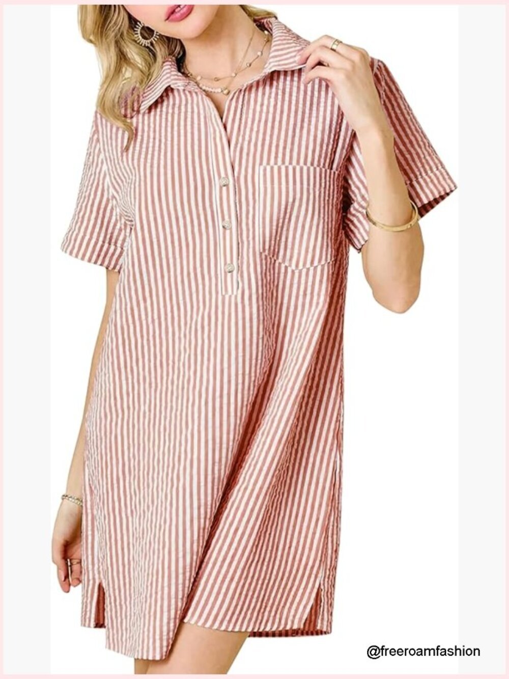 Striped Short Sleeve Button Down Midi Dress with Pockets